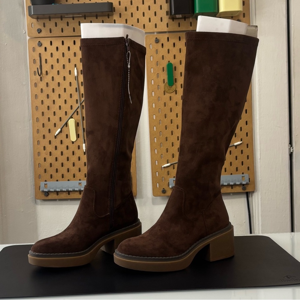 NEW White Mountain Marcella Stretch Fabric Tall Shaft Block Heel Boots, Brown, 6